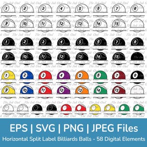 May include: Set of 58 digital elements featuring billiard balls with horizontal split labels. The balls are numbered 1 through 15 and are shown in various colors and designs, including black and white, solid colors, and striped patterns.