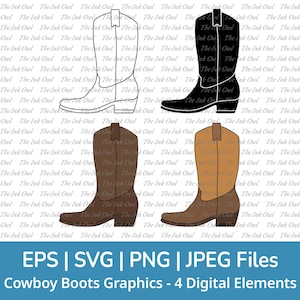 Bottes de cow-boy Svg Vector Clipart Set / contour, timbre Silhouette & couleur dessin graphique / Far West / sublimation / Png, Jpg, Svg, Eps