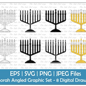 Hanukah Menorah Lit and Unlit Angled Vector Clipart Set / Contour & Stamp Graphic / Décor de vacances / PNG, JPG, SVG, Eps