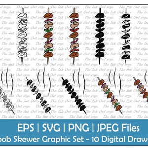 Kabob Kebob Skewer Vector Clipart Set / Outline & Stamp Drawing Illustrations / Food Cut File / Commercial Use /PNG, JPG, SVG, Eps