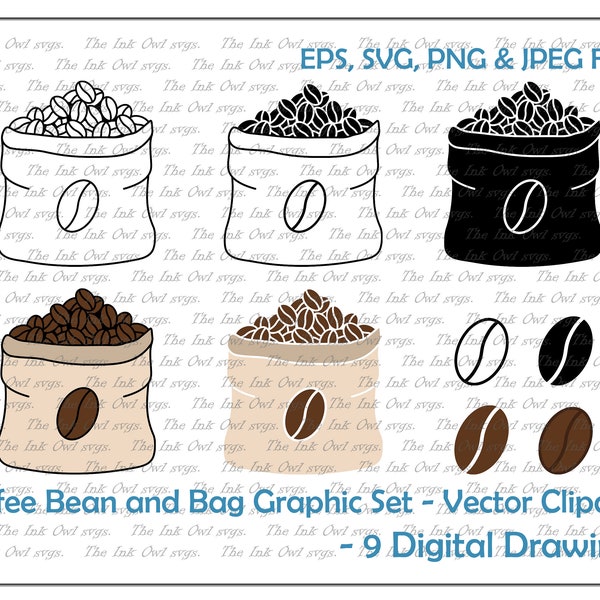 Coffee Bag with Beans Vector Clipart Set / Outline & Stamp Icon Graphic / PNG, JPG, SVG, Eps