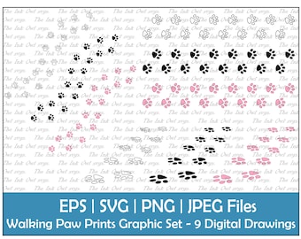 Paw Prints Walking Vector Clipart Set / Outline, Stamp and Color Graphics / Pink / Straight, Wander, Angled / PNG, JPG, SVG, Eps