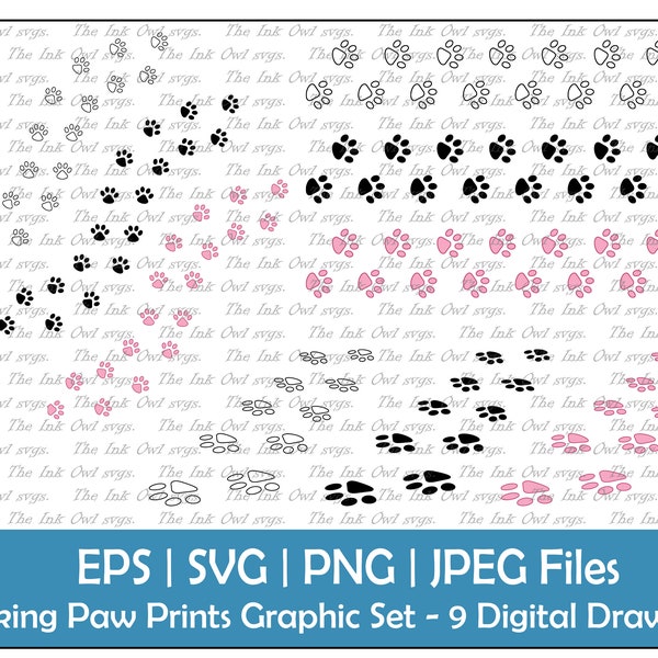 Paw Prints Walking Vector Clipart Set / Outline, Stamp and Color Graphics / Pink / Straight, Wander, Angled / PNG, JPG, SVG, Eps