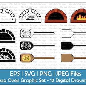 Pizza Oven and Peel Vector Clipart Set / Outline & Stamp Drawing Graphic / Italian Food / PNG, JPG, SVG, Eps