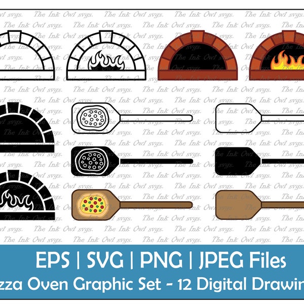 Pizza Oven and Peel Vector Clipart Set / Outline & Stamp Drawing Graphic / Italian Food / PNG, JPG, SVG, Eps