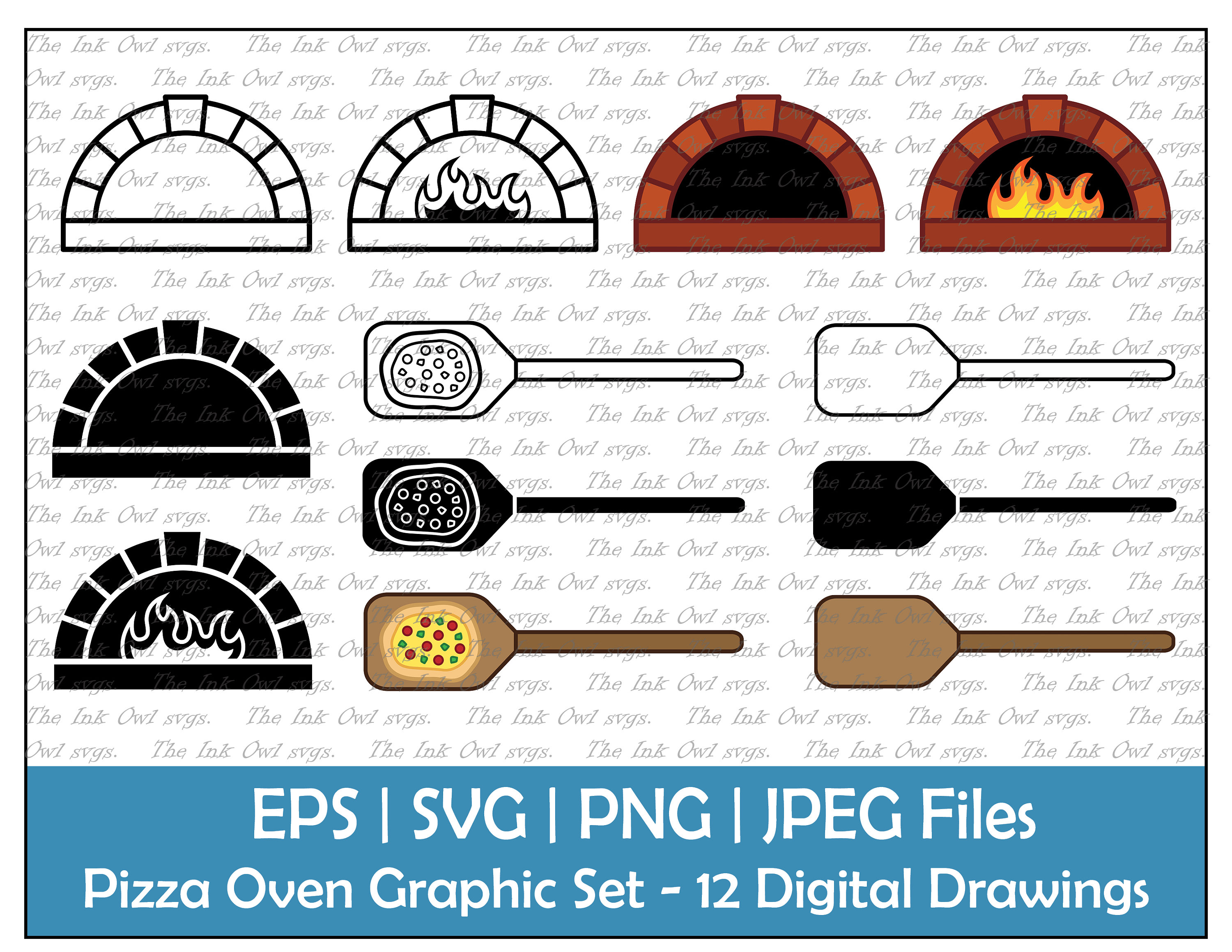 Pizza Oven and Peel Vector Clipart Set / Outline & Stamp Drawing Graphic / Italian Food / PNG