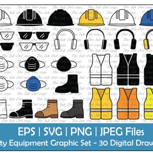 Werk veiligheidsuitrusting Vector Clipart Set / Outline, Silhouette Stamp & Color Graphics / Construction Protection Icons / PNG, JPG, SVG, Eps