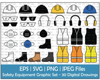 Work Safety Equipment Vector Clipart Set / Outline, Silhouette Stamp & Color Graphics / Construction Protection Icons / PNG, JPG, SVG, Eps