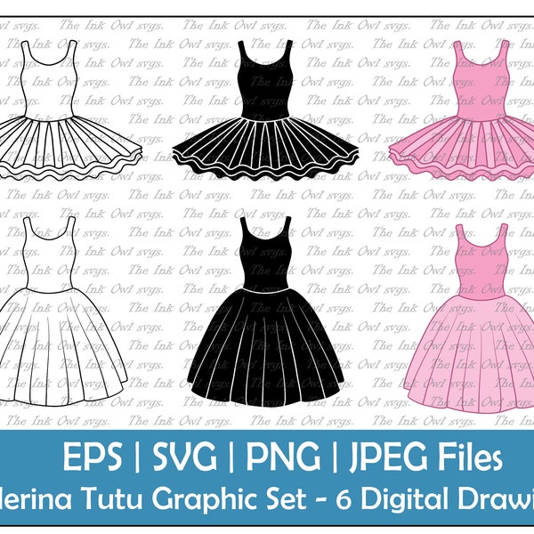 Ballet Tutu Costume Vector Clipart Set / Outline, Stamp & Pink Drawing Graphic / Ballerina and Dance / Commercial Use / PNG, JPG, SVG, Eps