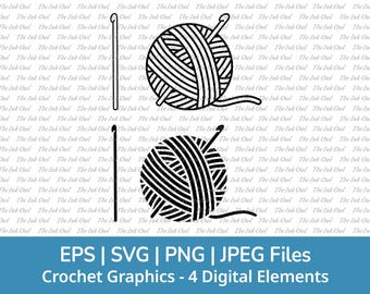 Haaknaald en garen Svg Vector Clipart Set / overzicht, stempel silhouet & kleur grafisch / Logo / Png, Jpg, Svg, Eps