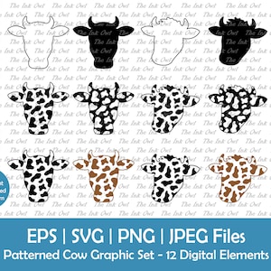 May include: A set of 12 digital cow graphics in various styles. The graphics include black and white, brown and white, and solid black cow silhouettes. The graphics are available in EPS, SVG, PNG, and JPEG formats.  "Includes Transparent & White Filled Spot Pattern"