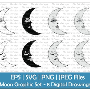 Retro Moon with Face Graphic Vector Clipart / Outline, Silhouette & Color Illustration Graphic / Sublimation / Png, Jpg, Svg, Eps