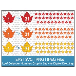 May include: A set of 96 digital drawings of fall leaf calendar numbers. The numbers are from 1 to 31 and are displayed on three different colored leaves: red, orange, and yellow. The leaves are arranged in a grid pattern.
