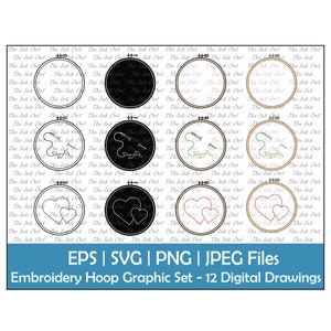 Embroidery and Hoop Vector Clipart Set / Outline, Silhouette & Color Graphic Illustration / Needle Thread Crafting Logo / Png, Svg, Jpg, Eps