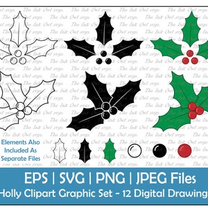 Hulst bladeren met bessen Vector Clipart Set / Outline & Stamp Tekening Illustraties / Winter Kerstmis / PNG, JPG, SVG, Eps