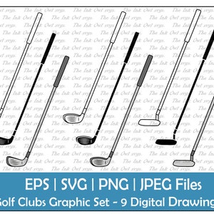 Set di clipart per mazze da golf / Contorno, Timbro e grafica a colori / Ferro, Driver, Putter / Sport estivi / Uso commerciale / PNG, JPG, SVG, Eps