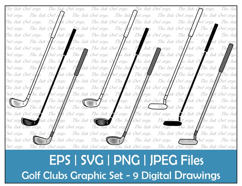 K&ouml;nnte beinhalten: Ein Satz von neun digitalen Zeichnungen von Golfschl&auml;gern in Schwarzwei&szlig;. Die Zeichnungen umfassen einen Driver, einen Putter, einen Wedge und andere Golfschl&auml;ger. Die Zeichnungen befinden sich auf einem wei&szlig;en Hintergrund mit dem Text "The Ink Owl svgs." wiederholt.