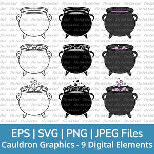 Bubbling Cauldron Pot Svg Vector Clipart Set / Outline, Stamp Silhouette & Color Drawing Illustrations / Png, Svg, Epg, Jpg