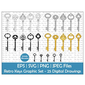 Retro Skeleton Key Vector Clipart Set / Overzicht, Silhouet Stempel & Kleur Grafische illustraties / Vintage Master Key / Png, Svg, Jpg, Eps