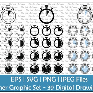 Retro Stopwatch Timer Countdown with Different Times Vector Clipart Set / Outline, Silhouette Stamp & Color Graphic / Png, Jpg, Svg, Eps