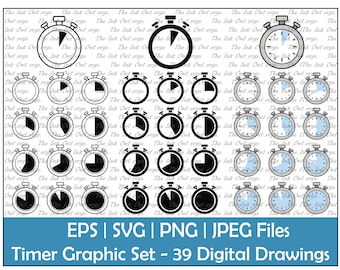 Retro Stoppuhr Timer Countdown mit verschiedenen Zeiten Vektor Clipart Set / Umriss, Silhouette Stempel & Farbgrafik / Png, Jpg, SVG, Eps