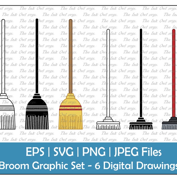Broom Vector Clipart Set / Outline & Stamp Drawing Graphic / PNG, JPG, SVG, Eps