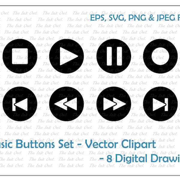 Music Button Vector Clipart / Audio Symbols / Play, Stop, Record, Pause, Foward, Rewind / PNG, jpg, SVG, Eps