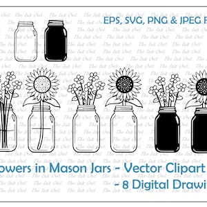 Flores silvestres y girasoles en frasco de vidrio Clipart Set / Contorno y silueta Sello Dibujo Gráfico / Sublimación / PNG, JPG, SVG, Eps