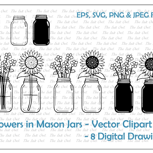 Wild Flowers and Sunflowers in Mason Jar Clipart Set / Outline & Silhouette Stamp Drawing Graphic / Sublimation / PNG, JPG, SVG, Eps