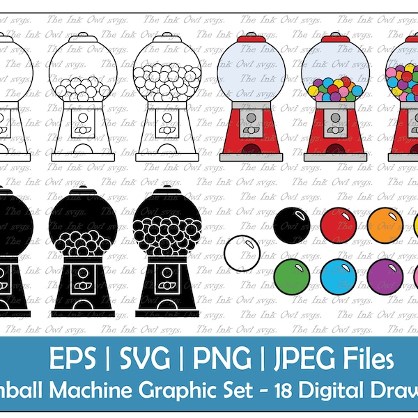 Gumball Vending Machine Clipart Set / Outline, Silhouette Stamp & Color Drawing Graphics / Vintage Retro / Sublimation / PNG, JPG, SVG, Eps