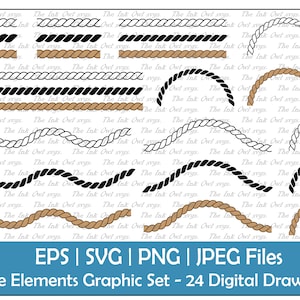 Touw Grafische Clipart Set / Outline & Stamp Tekeningen / Decoratief Element / Lijn, Curve, Golf, Hoek, Halve Cirkel / PNG, JPG, SVG, Eps