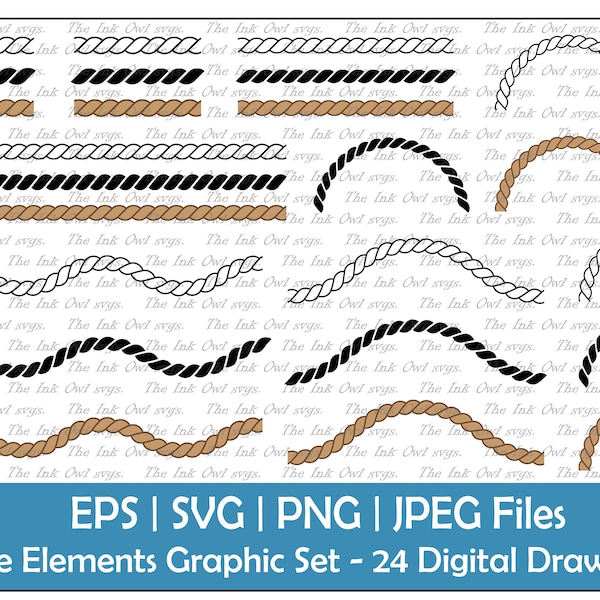 Seil Grafik Clipart Set / Outline & Stempel Zeichnungen / Dekoratives Element / Linie, Kurve, Welle, Ecke, Halbkreis / PNG, JPG, SVG, Eps