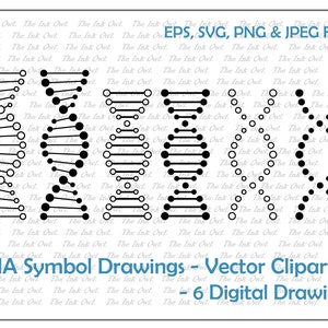 May include: Six black and white digital drawings of DNA double helixes. The drawings are in a simple, stylized design. The text "DNA Symbol Drawings - Vector Clipart - 6 Digital Drawings" is at the bottom of the image.