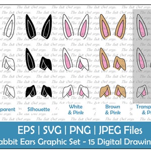 Hasenohren Clipart / Outline, Silhouette Stempel & Farbgrafik / Gerade und Floppy oder Gefaltet / Sublimation / PNG, JPG, SVG, Eps