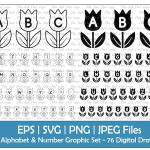 Tulp Bloem Alfabet Letters & Cijfers Vector Clipart / Outline en Silhouette Stamp Grafisch Lettertype / Sublimatie / PNG, JPG, svg, Eps