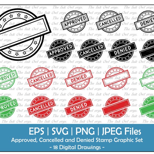 Approved, Cancelled and Denied Request Stamp Clipart Set / Outline & Color Drawing Graphics / Blank Template with stars / PNG, JPG, SVG, Eps