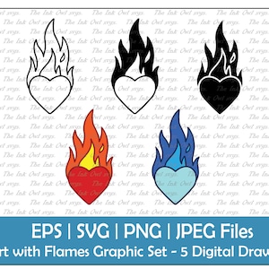 Cuore con fuoco o fiamme Vector Clipart Set / Contorno, Timbro e Grafica a colori / Burning / PNG, JPG, svg, Eps