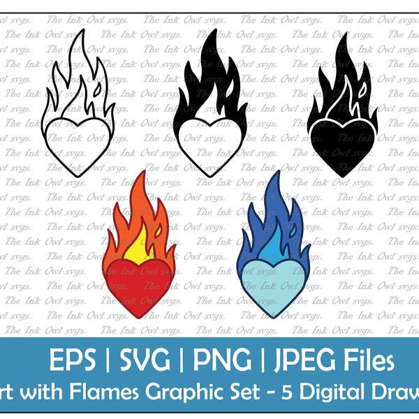 Heart With Fire or Flames Vector Clipart Set / Outline, Stamp and Color Graphics / Burning / PNG, JPG, svg, Eps