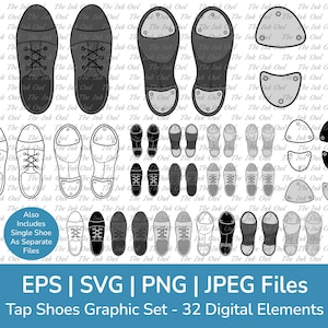 Könnte beinhalten: Ein Satz von 32 digitalen Tap-Schuh-Grafiken in Schwarzweiß und Grau. Die Grafiken umfassen ganze Schuhe, Sohlen und einzelne Tap-Teile. Die Grafiken sind in den Formaten EPS, SVG, PNG und JPEG verfügbar.  "Enthält auch einzelne Schuhe als separate Dateien"