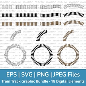 Train Tracks Combo Vector Clipart Set / Outline, Silhouette Stamp & Color Graphics / Rail road / PNG, JPG, SVG, Eps