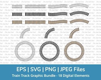 Set di clipart vettoriali combinati di binari del treno / Contorni, timbri di silhouette e grafica a colori / Ferrovia / PNG, JPG, SVG, Eps
