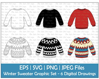Winter Ski Pullover Vektor Clipart Set / Outline & Stempel Zeichnung Illustrationen / druckbare PNG, JPG, SVG, Eps