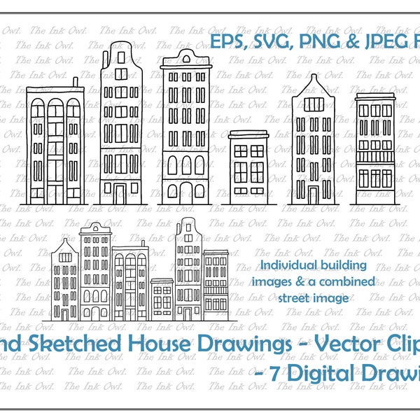 Townhouse Building Sketch Doodle Vector Clipart Set / Outline Drawing Illustrations / European Amsterdam / PNG, JPG, SVG, Eps