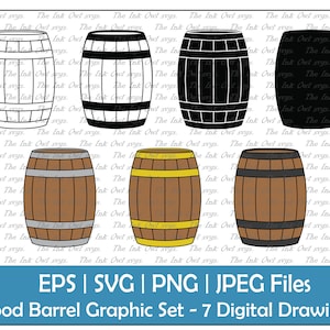 Holzfass Vektor Clipart Set / Umriss, Silhouette Stempel & farbige grafische Illustrationen / Bier und Wein / Sublimation / PNG, JPG, SVG, Eps