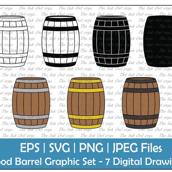 Wood Barrel Vector Clipart Set / Outline, Silhouette Stamp & Color Graphic Illustrations / Beer and Wine / Sublimation / PNG, JPG, SVG, Eps