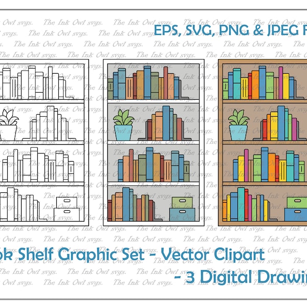 Book Shelf Vector Clipart Set / Outline & Colored Drawing Illustrations / Bookcase Furniture Graphic / PNG, JPG, SVG, Eps