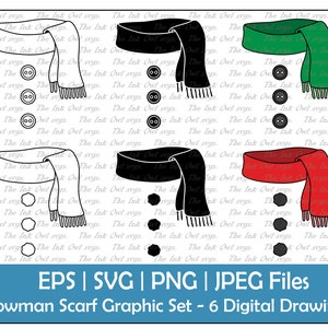 Snowman Scarf with Coal and Buttons Vector Clipart / Outline & Stamp Drawing Illustrations / Winter Christmas / Printable PNG, JPG, SVG, Eps