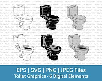 Toilet Svg Clipart Vector Set / Outline, Stamp Silhouette & Color Graphic Illustrations / Bathroom fixture / Png, Svg, Eps, Jpg