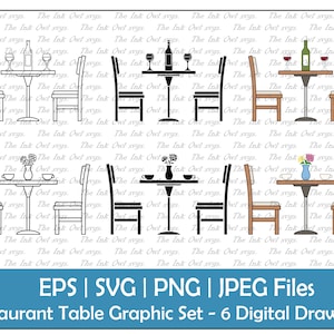 Restaurant of Cafe Tafel Vector Clipart Set / Outline, Stamp & Color Drawing Graphics / Coffee Latte en Wijn / Datum / PNG, JPG, SVG, Eps