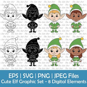 Puede incluir: Un conjunto gráfico digital con ocho ilustraciones de elfos lindos. El conjunto incluye versiones en color y en blanco y negro de los elfos, cada uno con un sombrero y un atuendo verdes. El texto en la parte inferior dice "EPS | SVG | PNG | JPEG Files Cute Elf Graphic Set - 8 Digital Elements."
